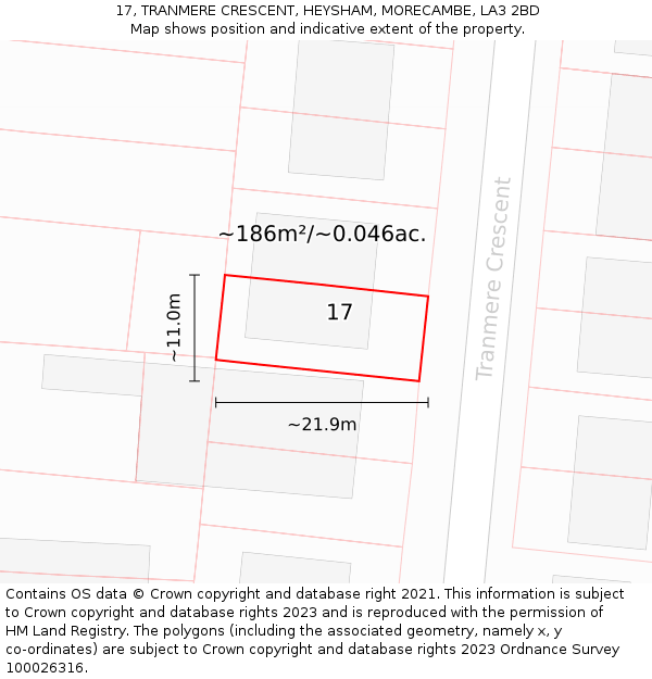 17, TRANMERE CRESCENT, HEYSHAM, MORECAMBE, LA3 2BD: Plot and title map
