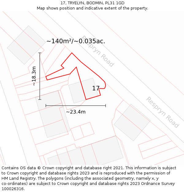 17, TRYELYN, BODMIN, PL31 1GD: Plot and title map