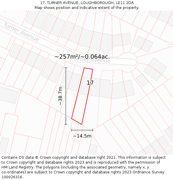 17, TURNER AVENUE, LOUGHBOROUGH, LE11 2DA: Plot and title map