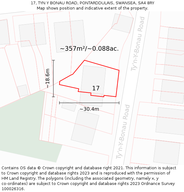 17, TYN Y BONAU ROAD, PONTARDDULAIS, SWANSEA, SA4 8RY: Plot and title map