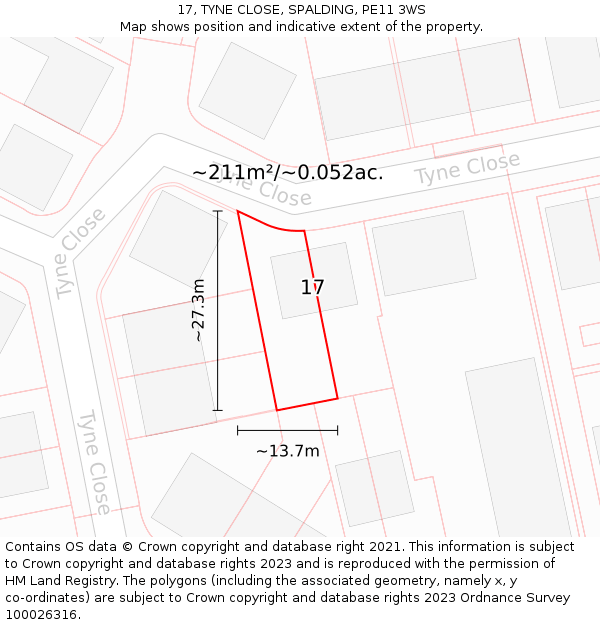 17, TYNE CLOSE, SPALDING, PE11 3WS: Plot and title map