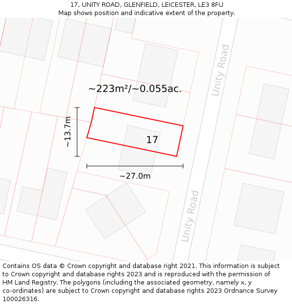 17, UNITY ROAD, GLENFIELD, LEICESTER, LE3 8FU: Plot and title map