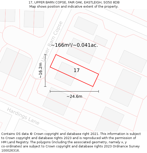 17, UPPER BARN COPSE, FAIR OAK, EASTLEIGH, SO50 8DB: Plot and title map