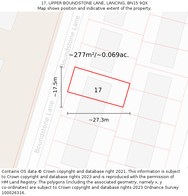 17, UPPER BOUNDSTONE LANE, LANCING, BN15 9QX: Plot and title map