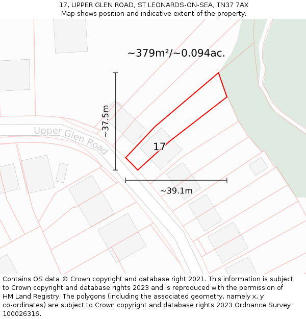17, UPPER GLEN ROAD, ST LEONARDS-ON-SEA, TN37 7AX: Plot and title map