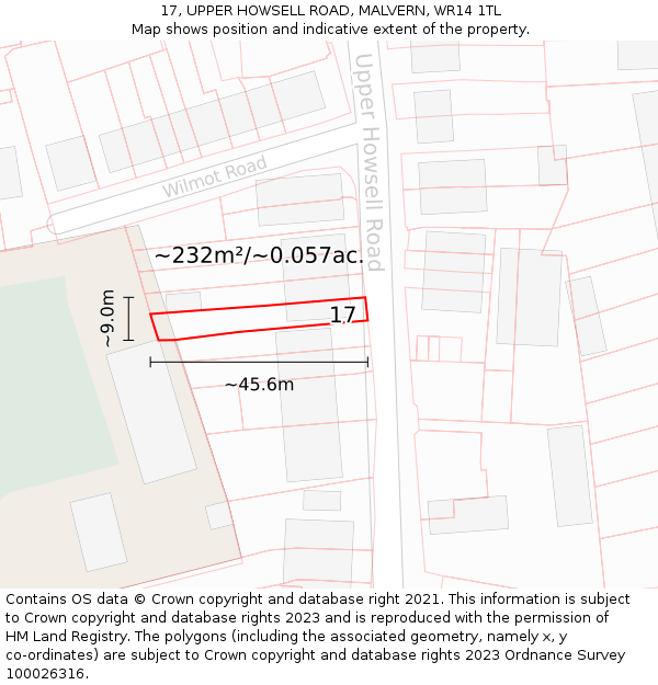 17, UPPER HOWSELL ROAD, MALVERN, WR14 1TL: Plot and title map