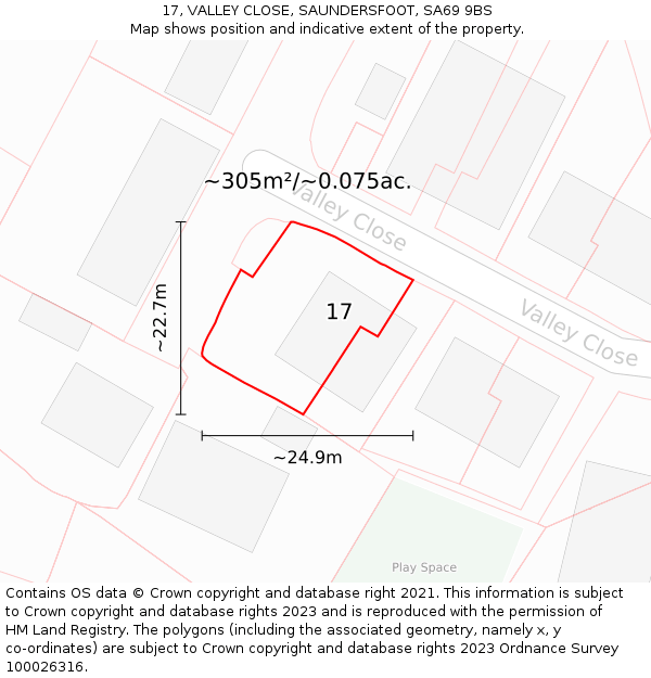 17, VALLEY CLOSE, SAUNDERSFOOT, SA69 9BS: Plot and title map