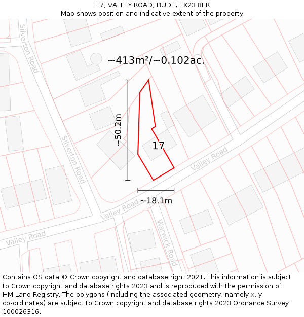 17, VALLEY ROAD, BUDE, EX23 8ER: Plot and title map