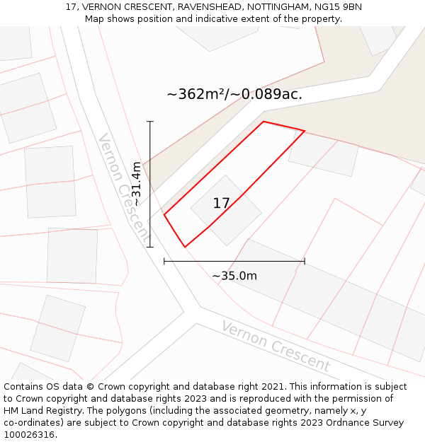 17, VERNON CRESCENT, RAVENSHEAD, NOTTINGHAM, NG15 9BN: Plot and title map