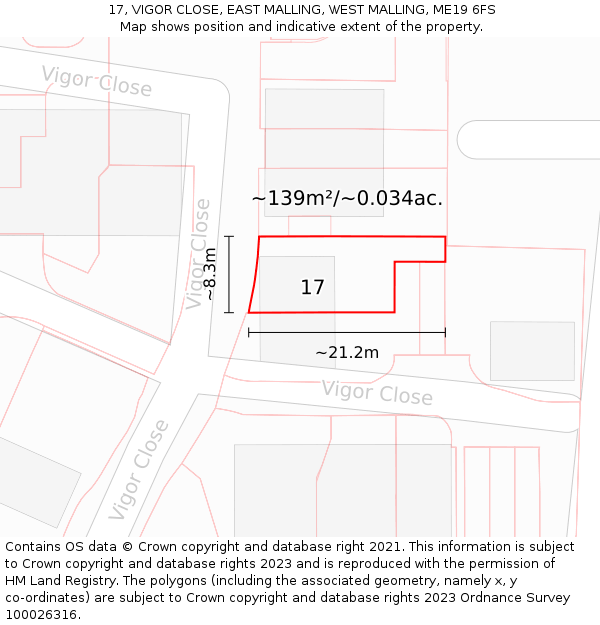 17, VIGOR CLOSE, EAST MALLING, WEST MALLING, ME19 6FS: Plot and title map