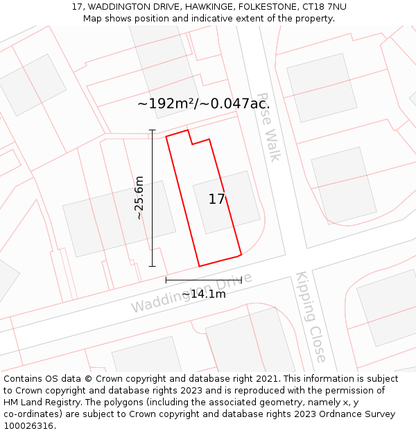 17, WADDINGTON DRIVE, HAWKINGE, FOLKESTONE, CT18 7NU: Plot and title map