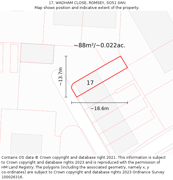 17, WADHAM CLOSE, ROMSEY, SO51 0AN: Plot and title map