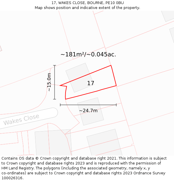 17, WAKES CLOSE, BOURNE, PE10 0BU: Plot and title map