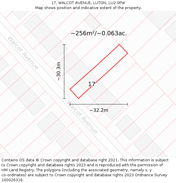 17, WALCOT AVENUE, LUTON, LU2 0PW: Plot and title map