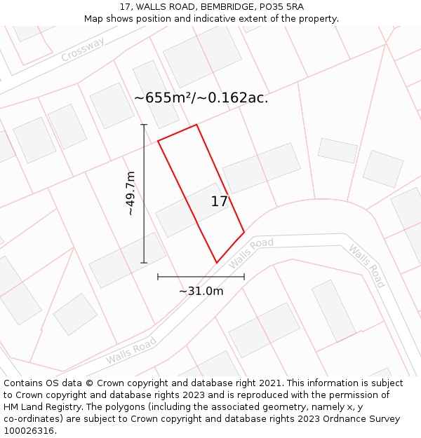 17, WALLS ROAD, BEMBRIDGE, PO35 5RA: Plot and title map