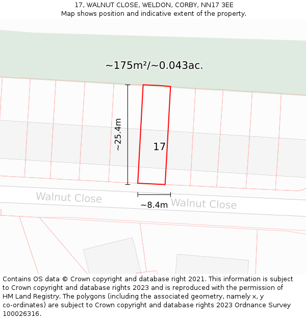 17, WALNUT CLOSE, WELDON, CORBY, NN17 3EE: Plot and title map