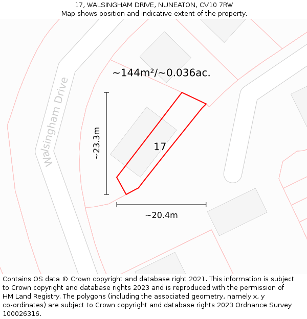 17, WALSINGHAM DRIVE, NUNEATON, CV10 7RW: Plot and title map