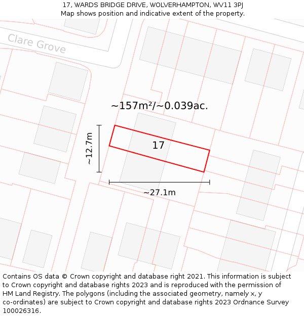 17, WARDS BRIDGE DRIVE, WOLVERHAMPTON, WV11 3PJ: Plot and title map