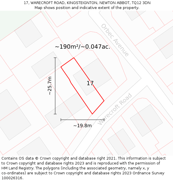 17, WARECROFT ROAD, KINGSTEIGNTON, NEWTON ABBOT, TQ12 3DN: Plot and title map