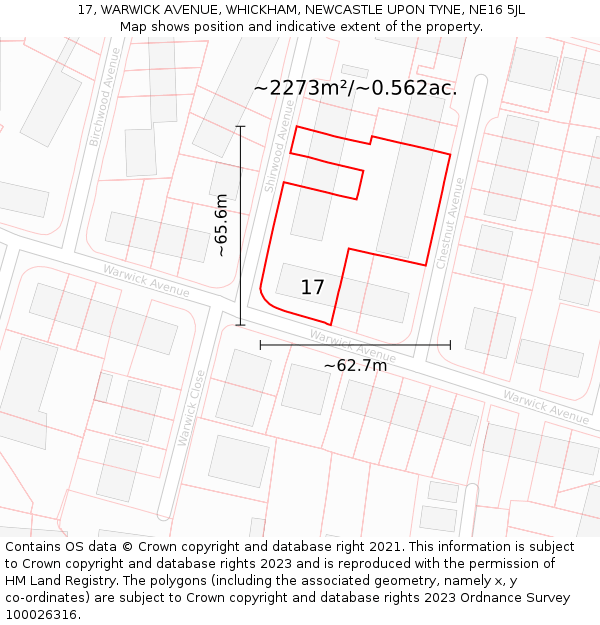17, WARWICK AVENUE, WHICKHAM, NEWCASTLE UPON TYNE, NE16 5JL: Plot and title map