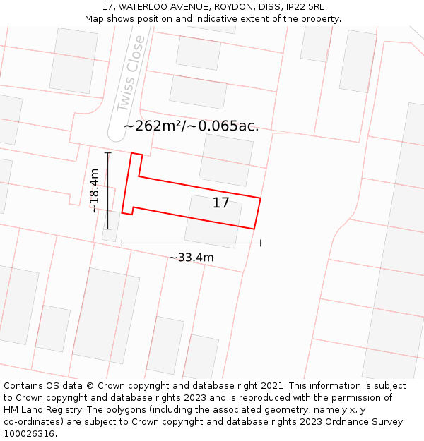 17, WATERLOO AVENUE, ROYDON, DISS, IP22 5RL: Plot and title map