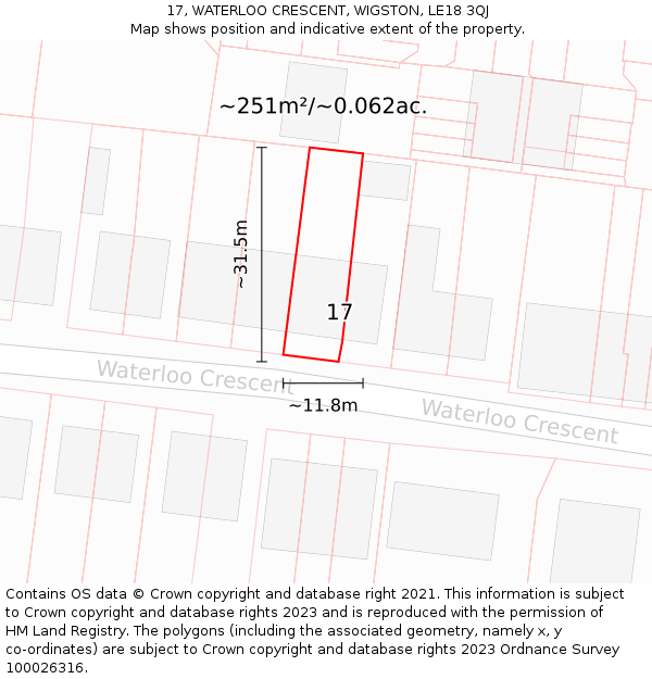17, WATERLOO CRESCENT, WIGSTON, LE18 3QJ: Plot and title map