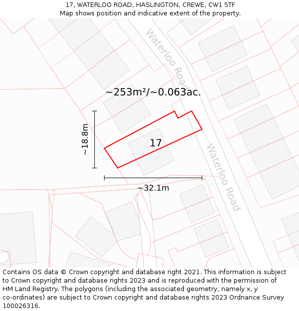17, WATERLOO ROAD, HASLINGTON, CREWE, CW1 5TF: Plot and title map