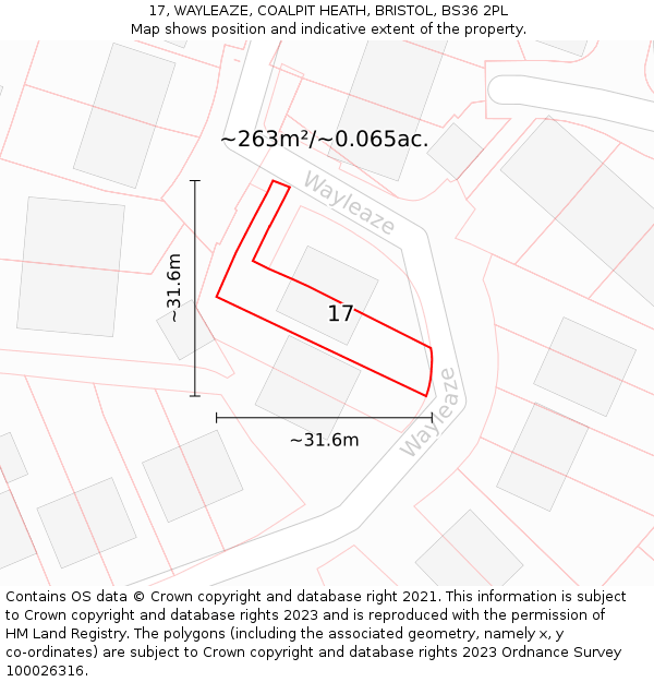 17, WAYLEAZE, COALPIT HEATH, BRISTOL, BS36 2PL: Plot and title map