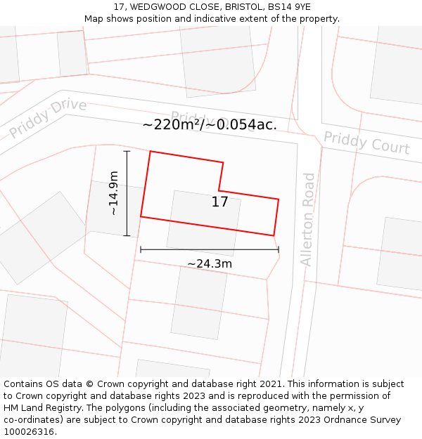 17, WEDGWOOD CLOSE, BRISTOL, BS14 9YE: Plot and title map