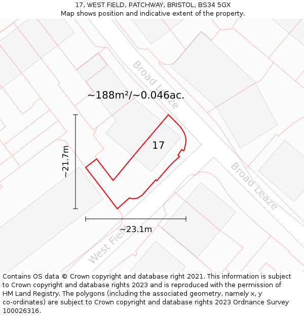 17, WEST FIELD, PATCHWAY, BRISTOL, BS34 5GX: Plot and title map