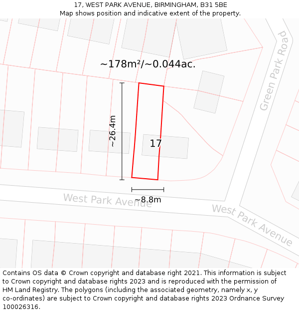 17, WEST PARK AVENUE, BIRMINGHAM, B31 5BE: Plot and title map