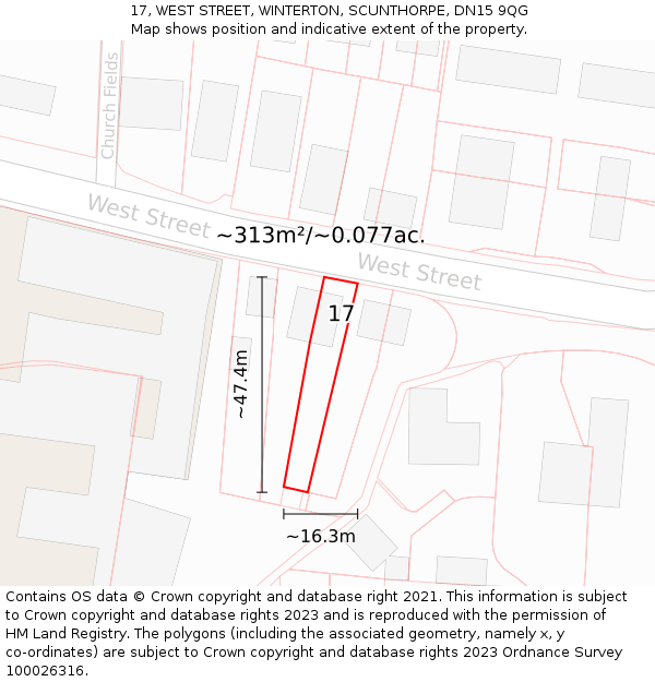 17, WEST STREET, WINTERTON, SCUNTHORPE, DN15 9QG: Plot and title map