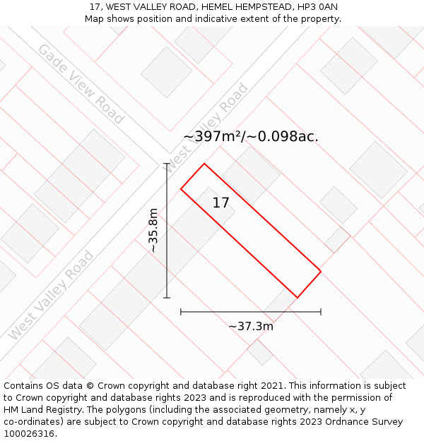 17, WEST VALLEY ROAD, HEMEL HEMPSTEAD, HP3 0AN: Plot and title map