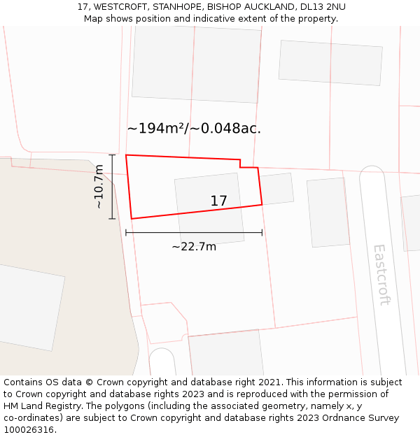 17, WESTCROFT, STANHOPE, BISHOP AUCKLAND, DL13 2NU: Plot and title map