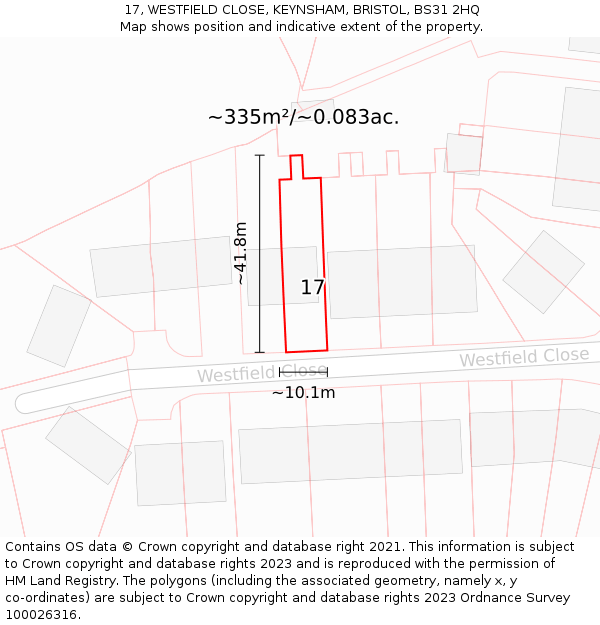 17, WESTFIELD CLOSE, KEYNSHAM, BRISTOL, BS31 2HQ: Plot and title map