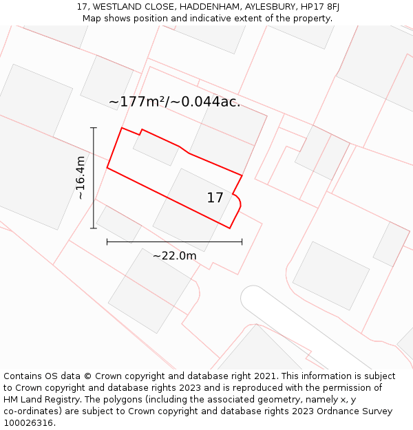17, WESTLAND CLOSE, HADDENHAM, AYLESBURY, HP17 8FJ: Plot and title map