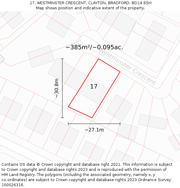17, WESTMINSTER CRESCENT, CLAYTON, BRADFORD, BD14 6SH: Plot and title map