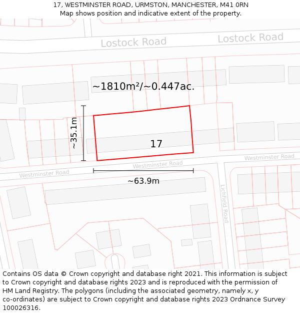 17, WESTMINSTER ROAD, URMSTON, MANCHESTER, M41 0RN: Plot and title map