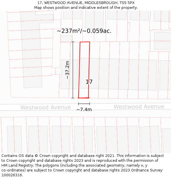 17, WESTWOOD AVENUE, MIDDLESBROUGH, TS5 5PX: Plot and title map