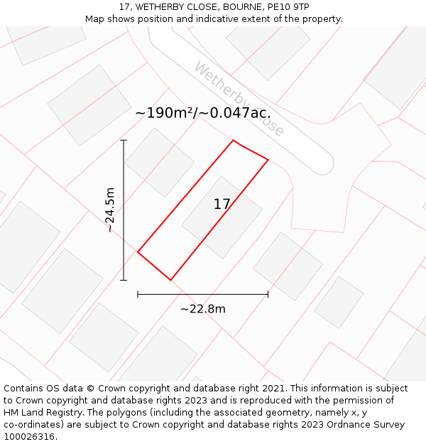 17, WETHERBY CLOSE, BOURNE, PE10 9TP: Plot and title map