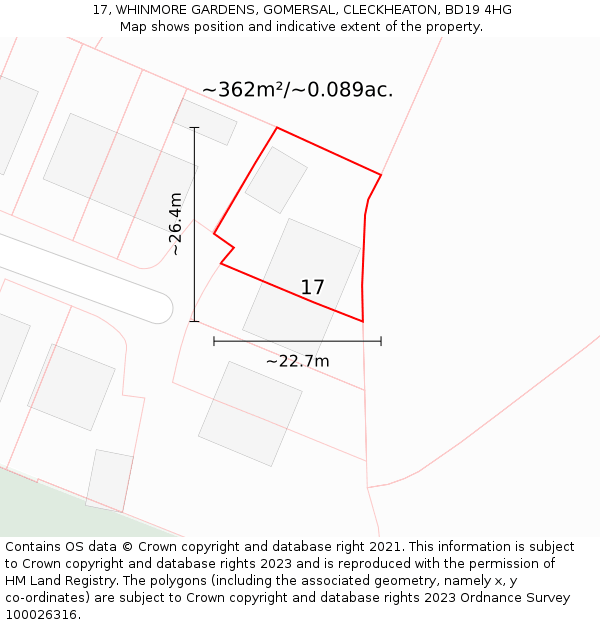 17, WHINMORE GARDENS, GOMERSAL, CLECKHEATON, BD19 4HG: Plot and title map