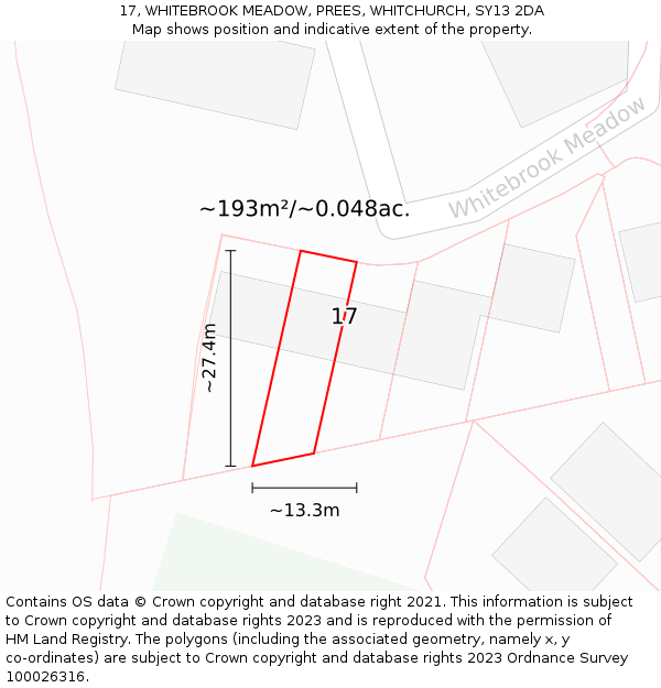 17, WHITEBROOK MEADOW, PREES, WHITCHURCH, SY13 2DA: Plot and title map