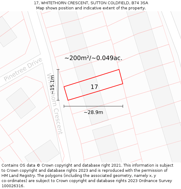 17, WHITETHORN CRESCENT, SUTTON COLDFIELD, B74 3SA: Plot and title map