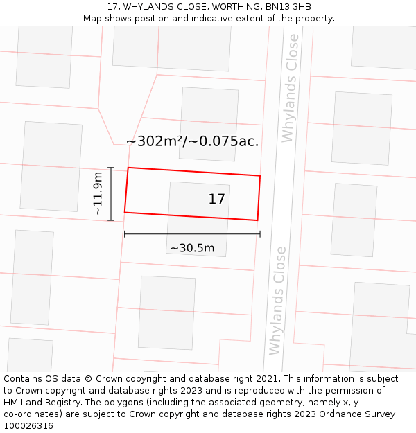 17, WHYLANDS CLOSE, WORTHING, BN13 3HB: Plot and title map