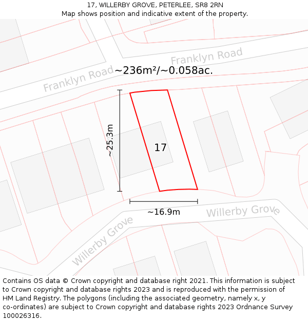 17, WILLERBY GROVE, PETERLEE, SR8 2RN: Plot and title map