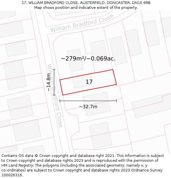 17, WILLIAM BRADFORD CLOSE, AUSTERFIELD, DONCASTER, DN10 6RB: Plot and title map