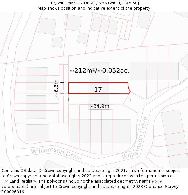 17, WILLIAMSON DRIVE, NANTWICH, CW5 5GJ: Plot and title map