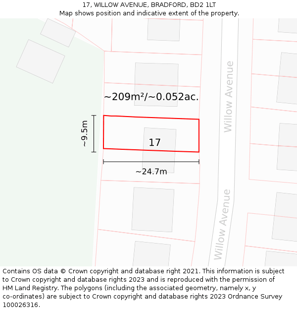 17, WILLOW AVENUE, BRADFORD, BD2 1LT: Plot and title map