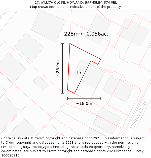 17, WILLOW CLOSE, HOYLAND, BARNSLEY, S74 0EL: Plot and title map