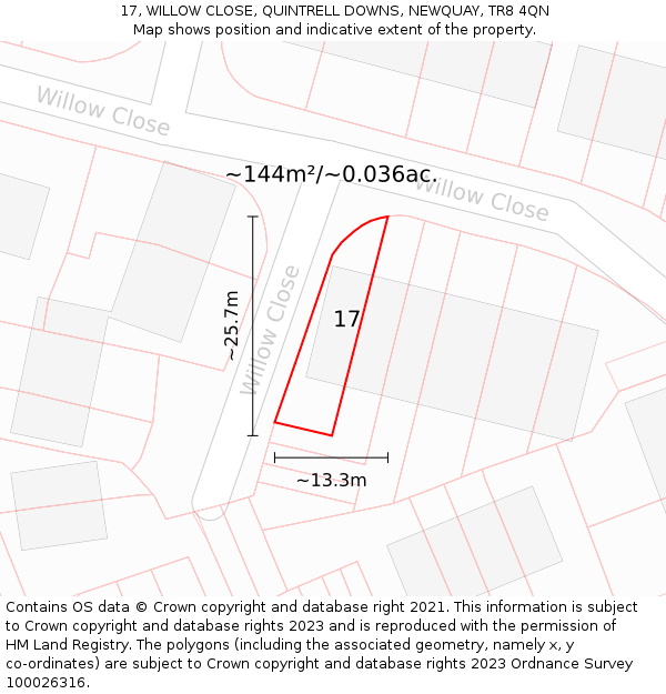 17, WILLOW CLOSE, QUINTRELL DOWNS, NEWQUAY, TR8 4QN: Plot and title map